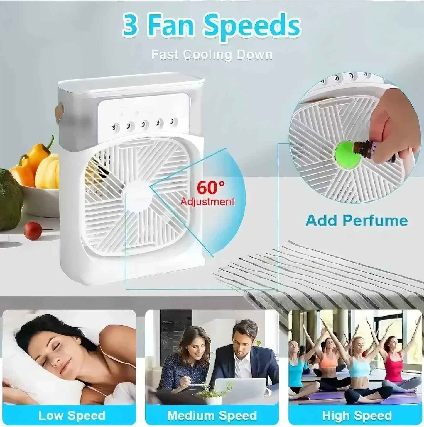 Portable Fan Air Conditioners USB Electric Fan Air Cooler LED Night Light Water Mist Fun 3 in 1 Air Humidifier for Home